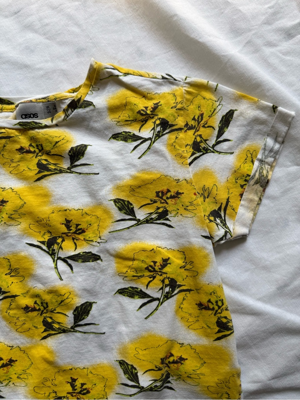 XS ASOS Yellow & White Floral Short Sleeve Cropped Tee Cuffed Sleeves US Size 2 - Picture 8 of 12